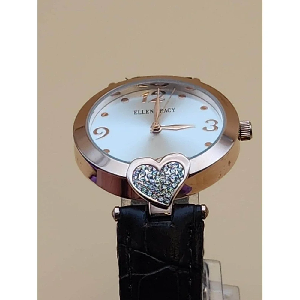 SEIKO ELLEN TRACY Watch Rose Gold Tone Deep Brown Alligator Band Heart CZ